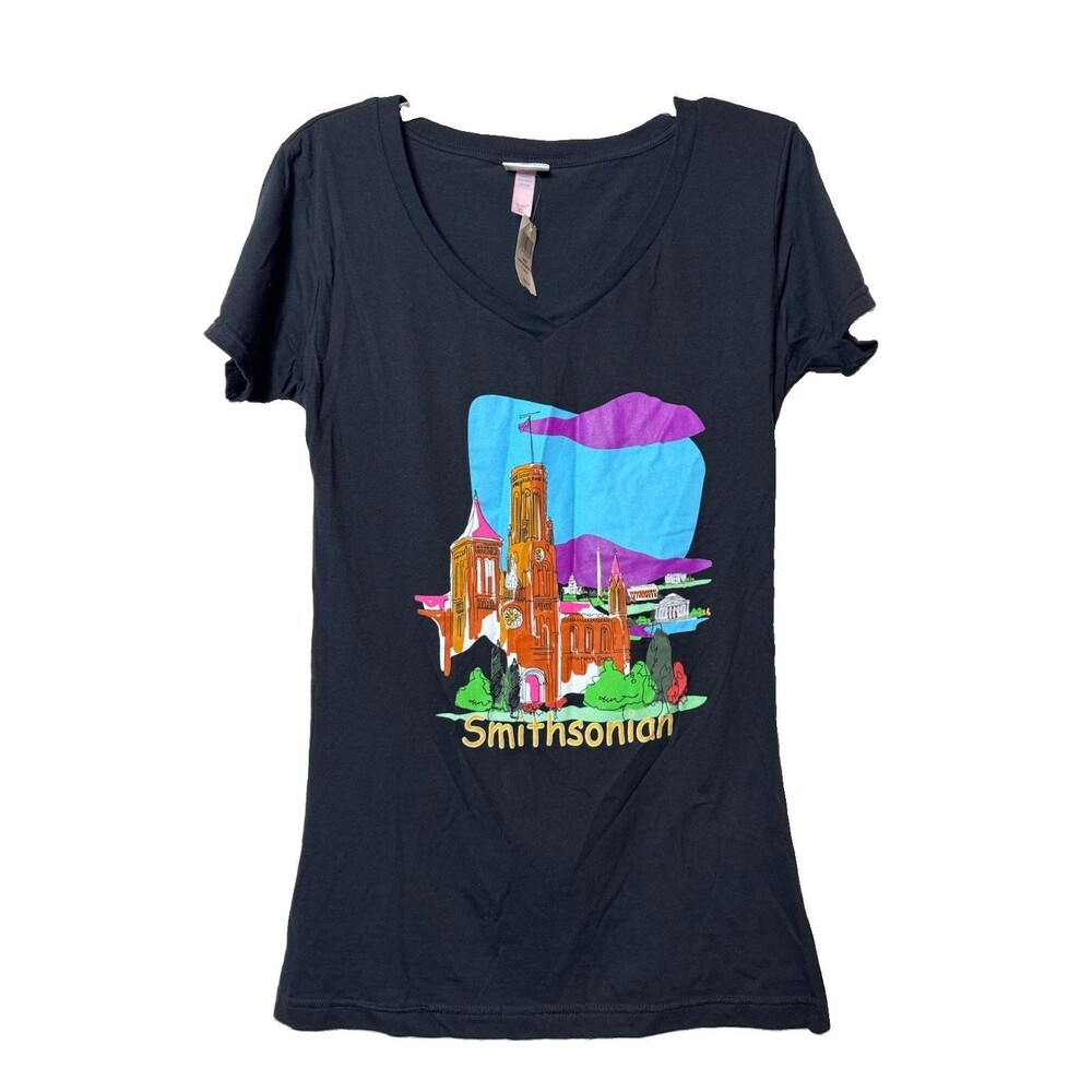 Smithsonian Institution Black V-Neck Tee Women’s XL 100% Cotton Monuments NWT